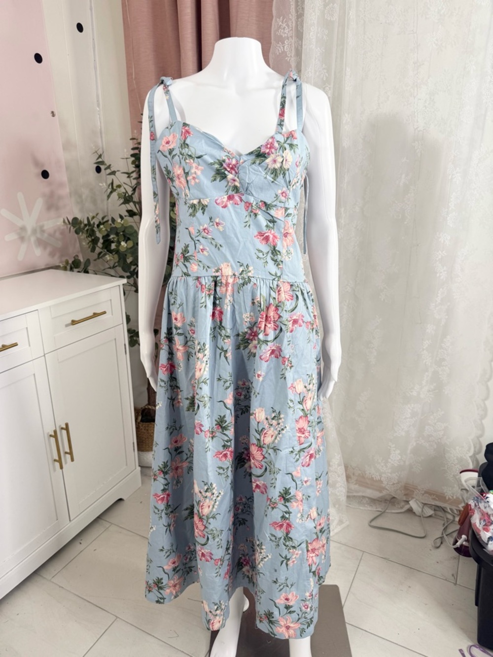 American Eagle Floral Tie-Shoulder Midi Dress in Light Blue Bin#8